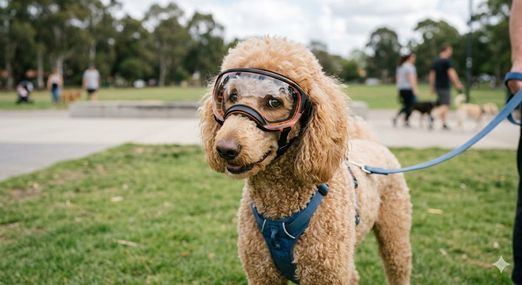 poodle wearing doggle sunglasses- looking cute- New Zealand